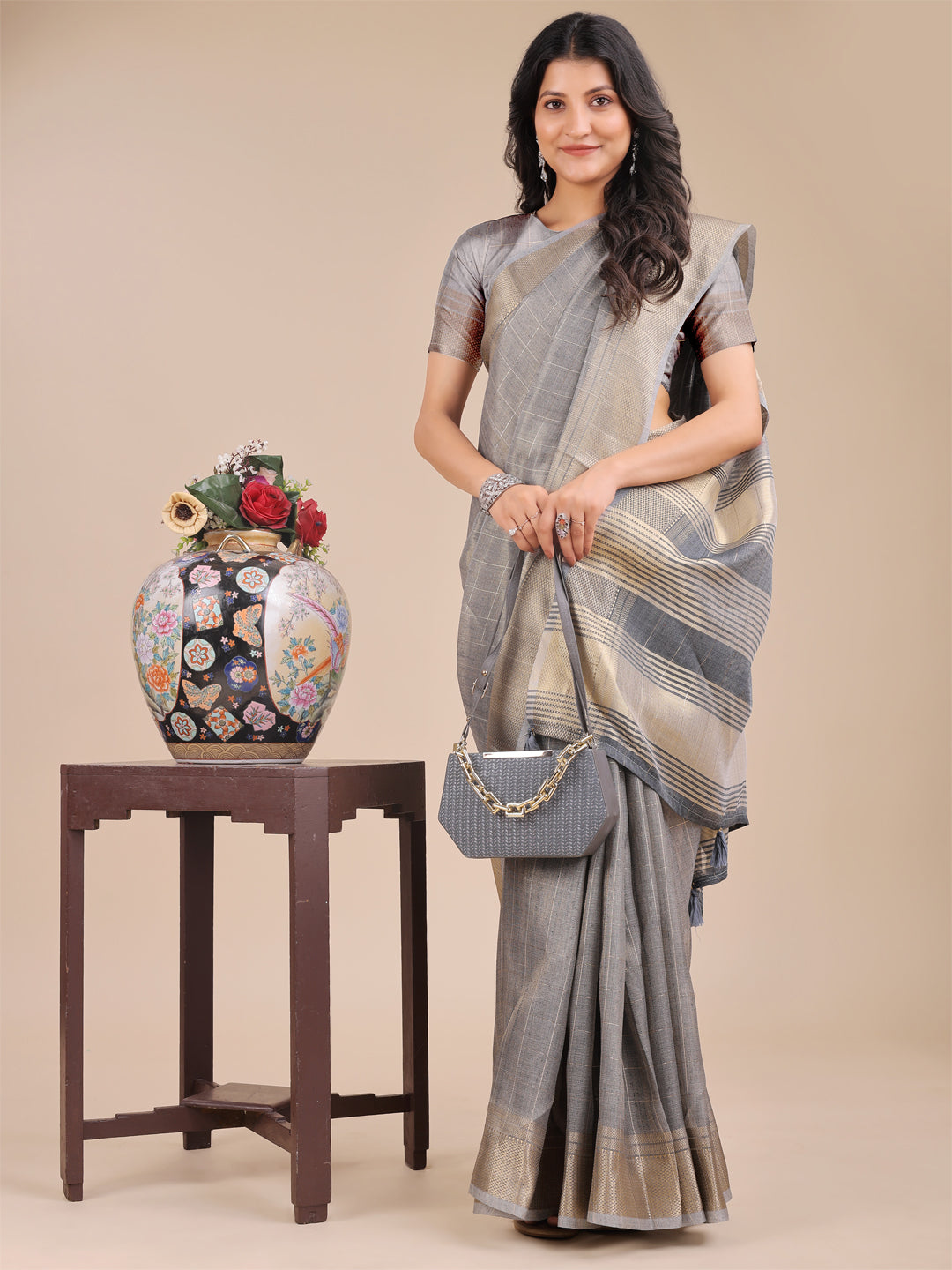 Gray Colour Organza Saree Weaving Work With Blouse Piece