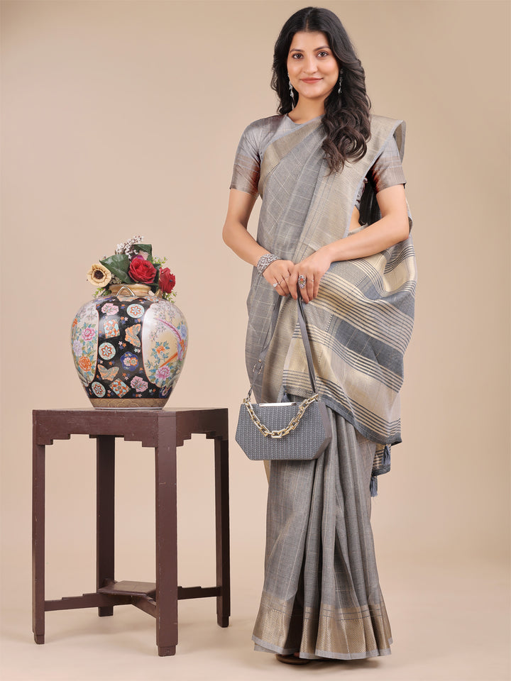 Gray Colour Organza Saree Weaving Work With Blouse Piece