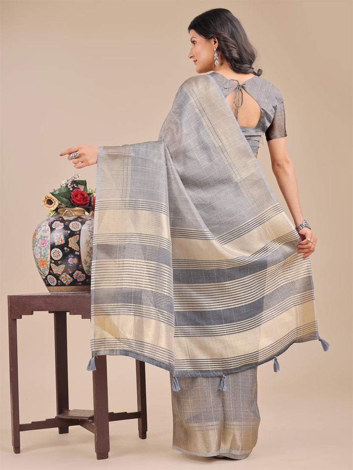 Gray Colour Organza Saree Weaving Work With Blouse Piece