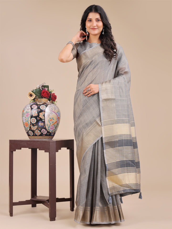 Gray Colour Organza Saree Weaving Work With Blouse Piece
