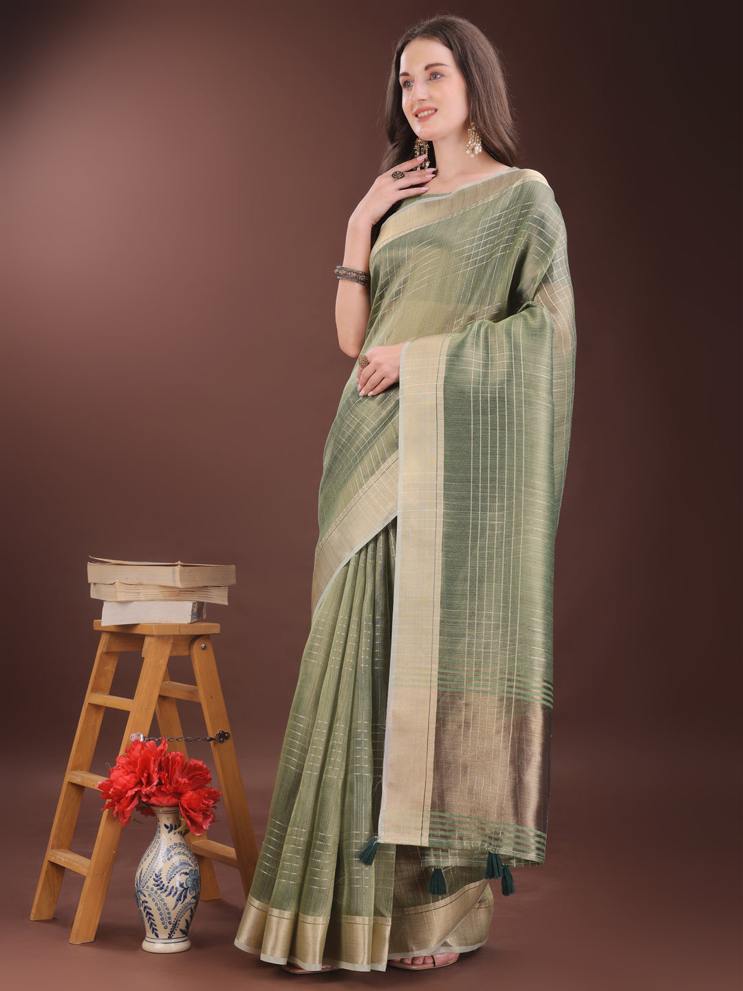 Green Colour Organza Saree Weaving Work With Blouse Piece