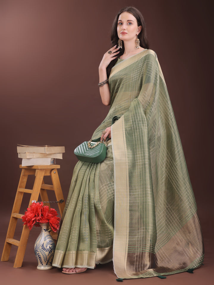 Green Colour Organza Saree Weaving Work With Blouse Piece