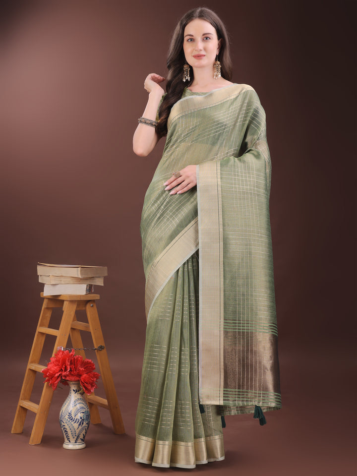 Green Colour Organza Saree Weaving Work With Blouse Piece