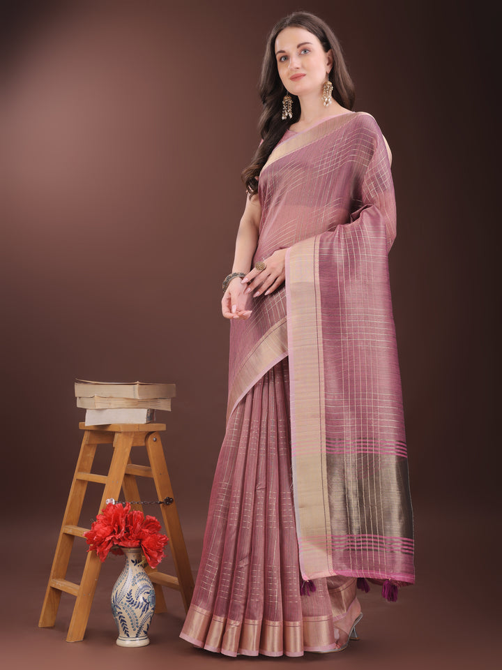 Pink Colour Organza Saree Weaving Work With Blouse Piece