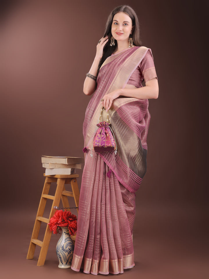 Pink Colour Organza Saree Weaving Work With Blouse Piece