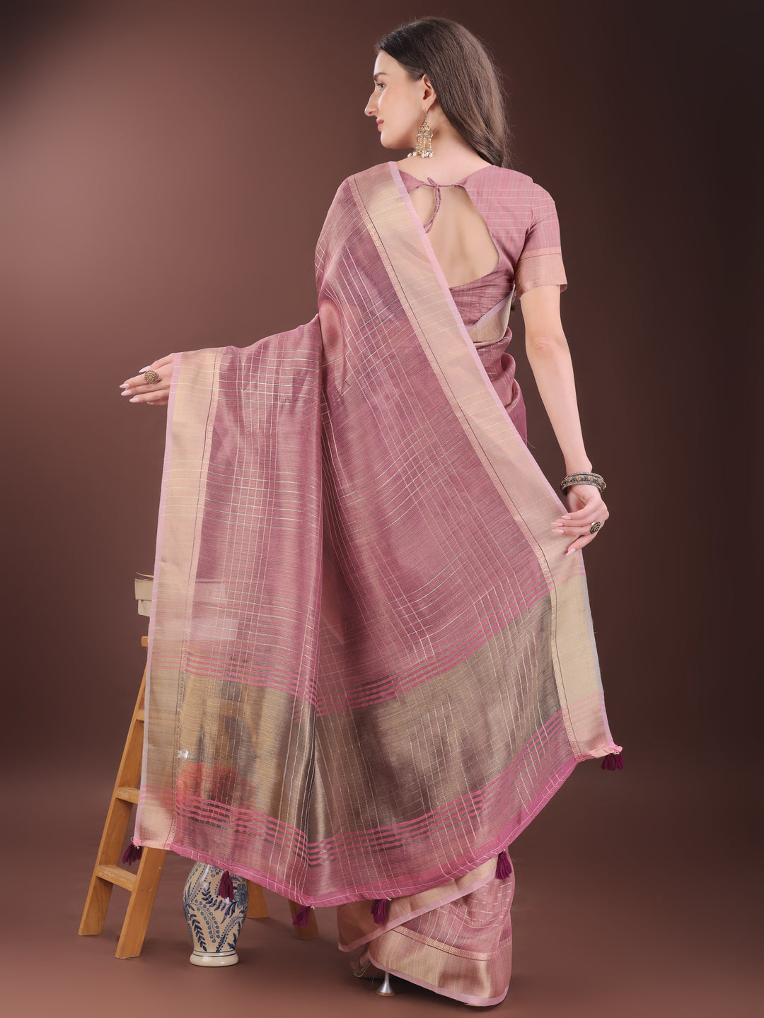 Pink Colour Organza Saree Weaving Work With Blouse Piece