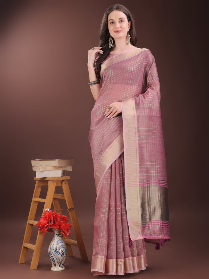 Pink Colour Organza Saree Weaving Work With Blouse Piece
