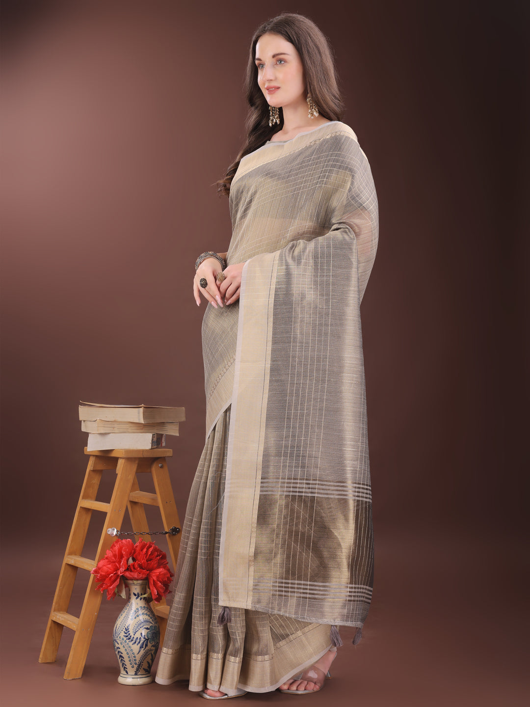 Beige Colour Organza Saree Weaving Work With Blouse Piece