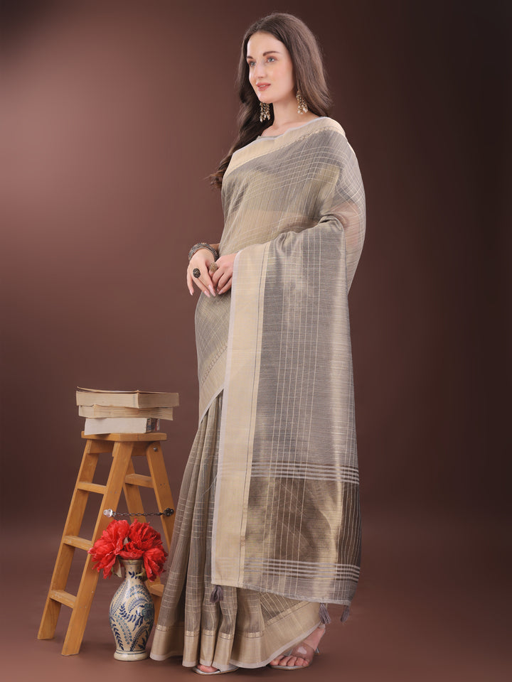 Beige Colour Organza Saree Weaving Work With Blouse Piece
