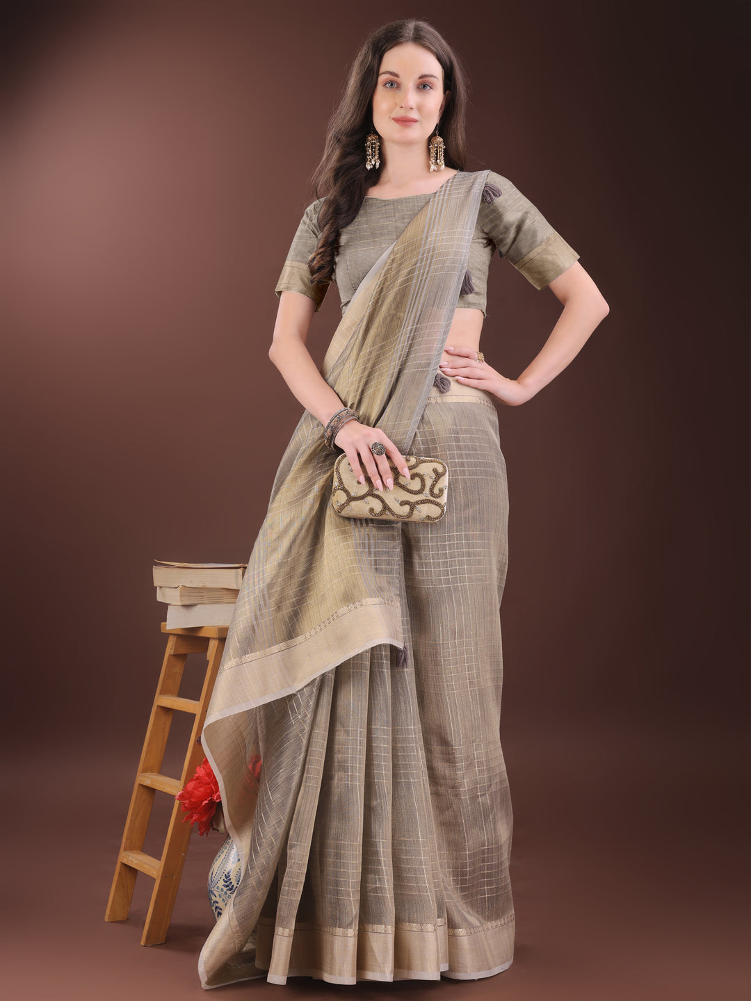 Beige Colour Organza Saree Weaving Work With Blouse Piece