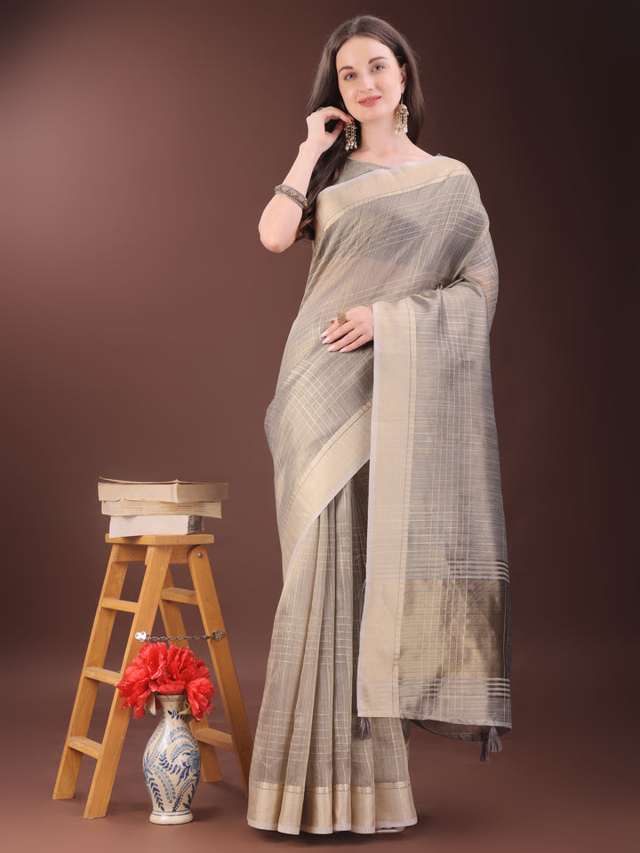 Beige Colour Organza Saree Weaving Work With Blouse Piece