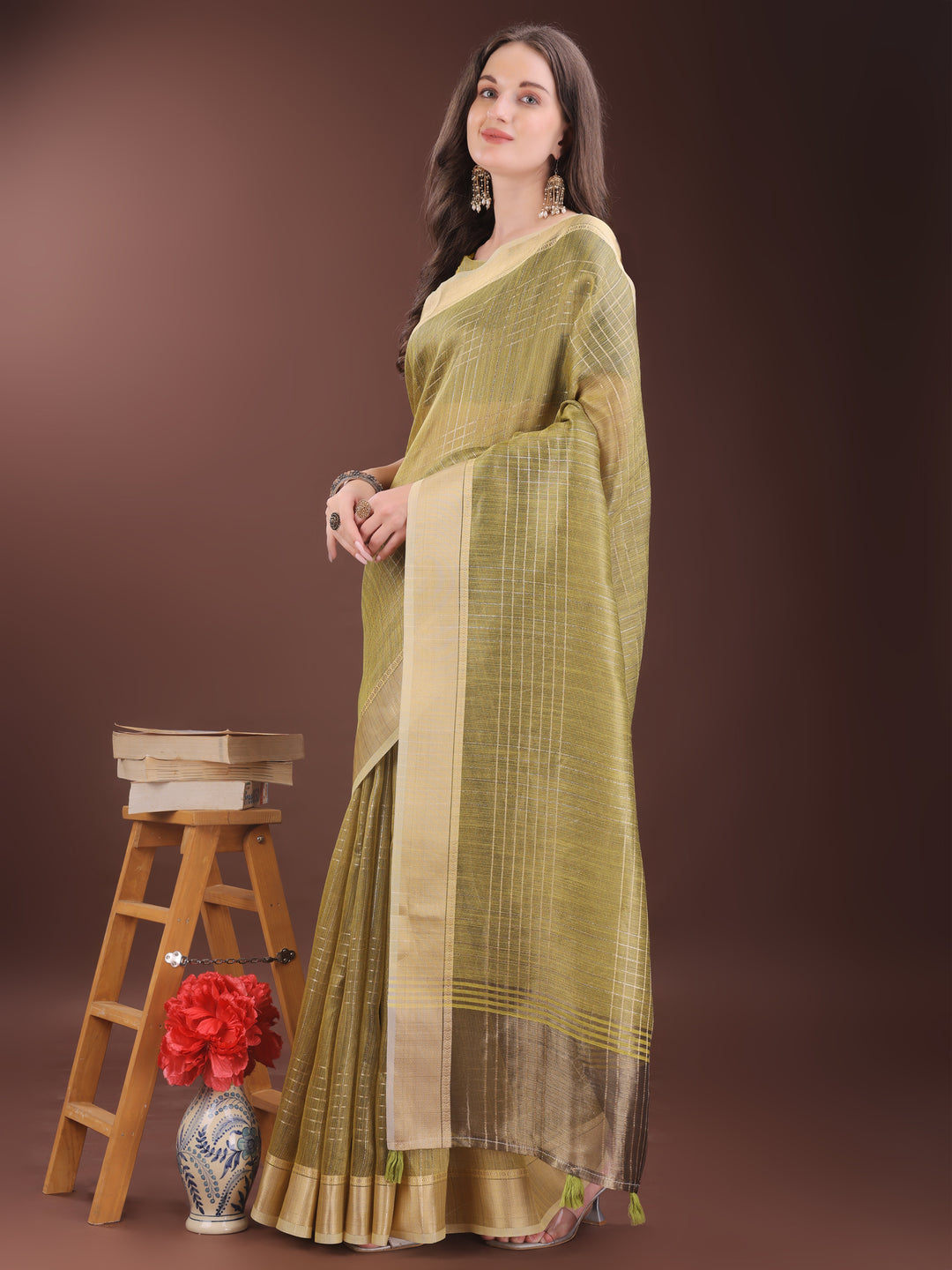 Mehndi Green Colour Organza Saree Weaving Work With Blouse Piece