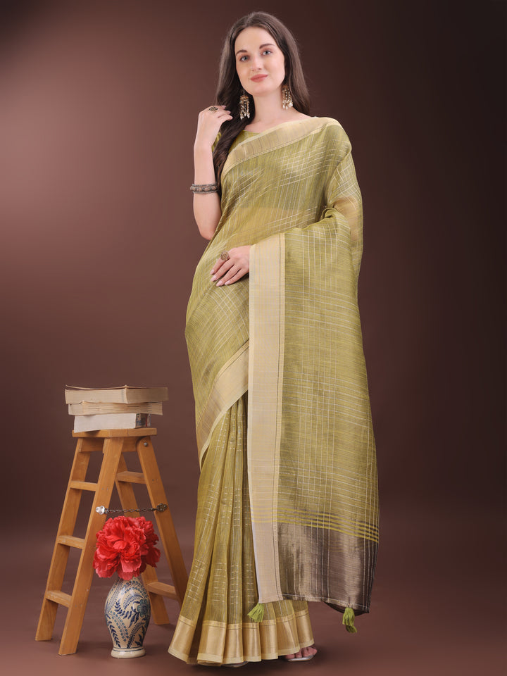 Mehndi Green Colour Organza Saree Weaving Work With Blouse Piece