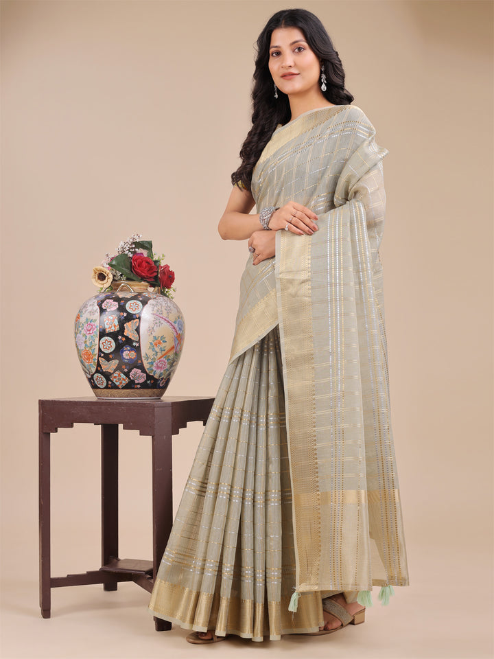 Beige Colour Organza Saree Weaving Work With Blouse Piece