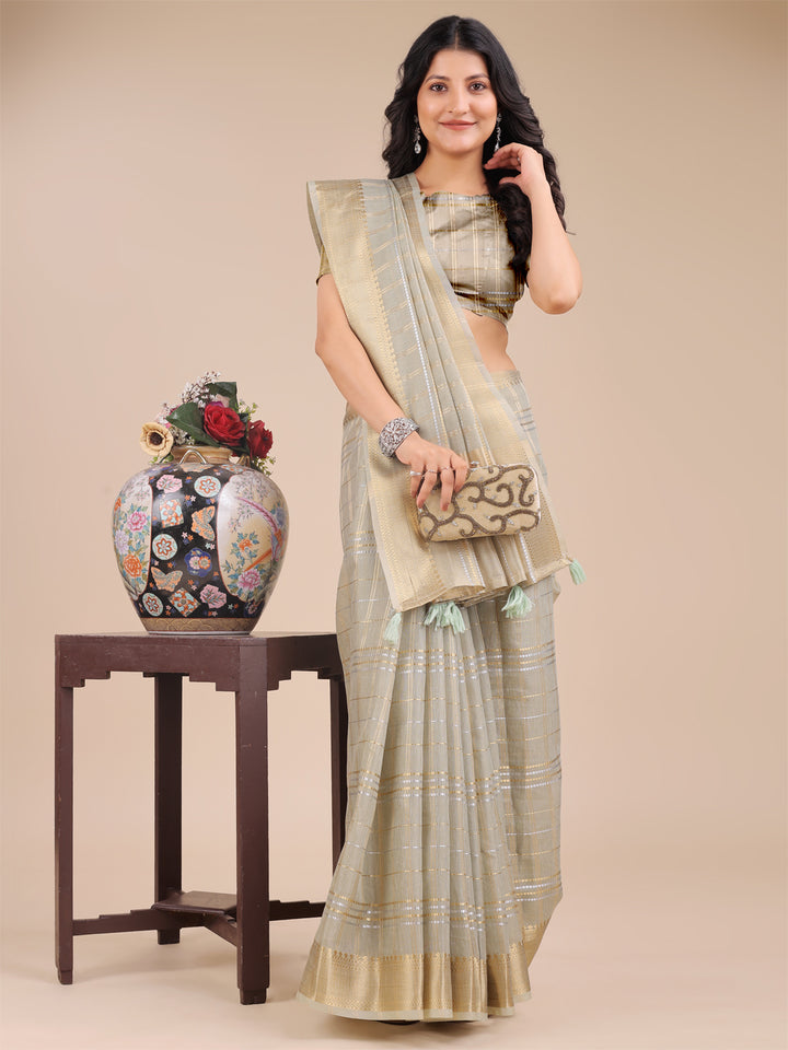Beige Colour Organza Saree Weaving Work With Blouse Piece
