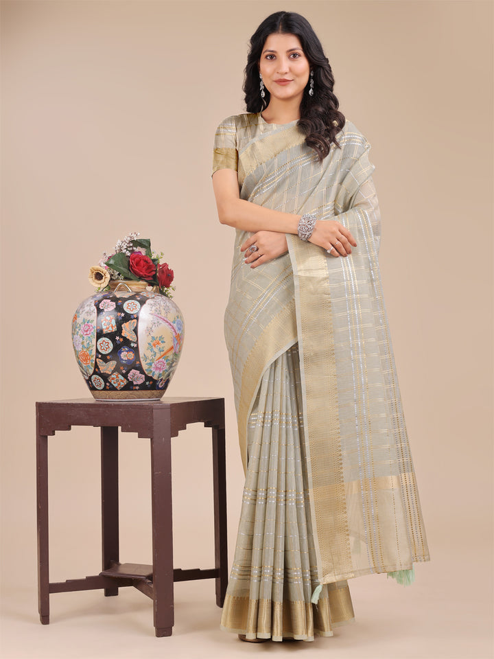Beige Colour Organza Saree Weaving Work With Blouse Piece