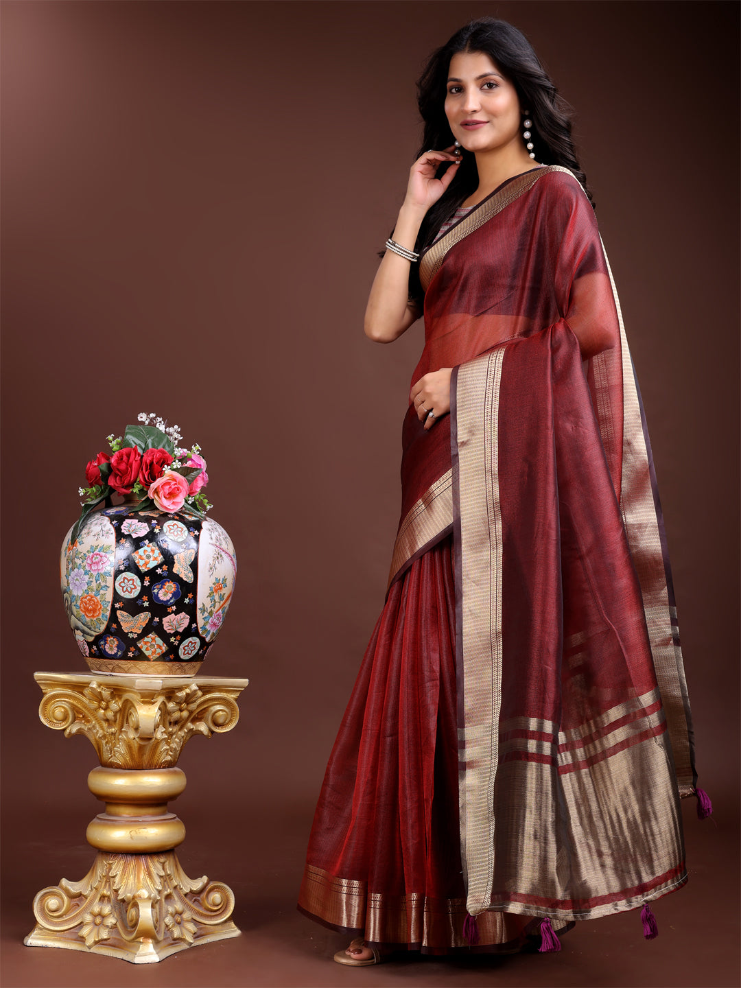 Red Colour Organza Saree Weaving Work With Blouse Piece
