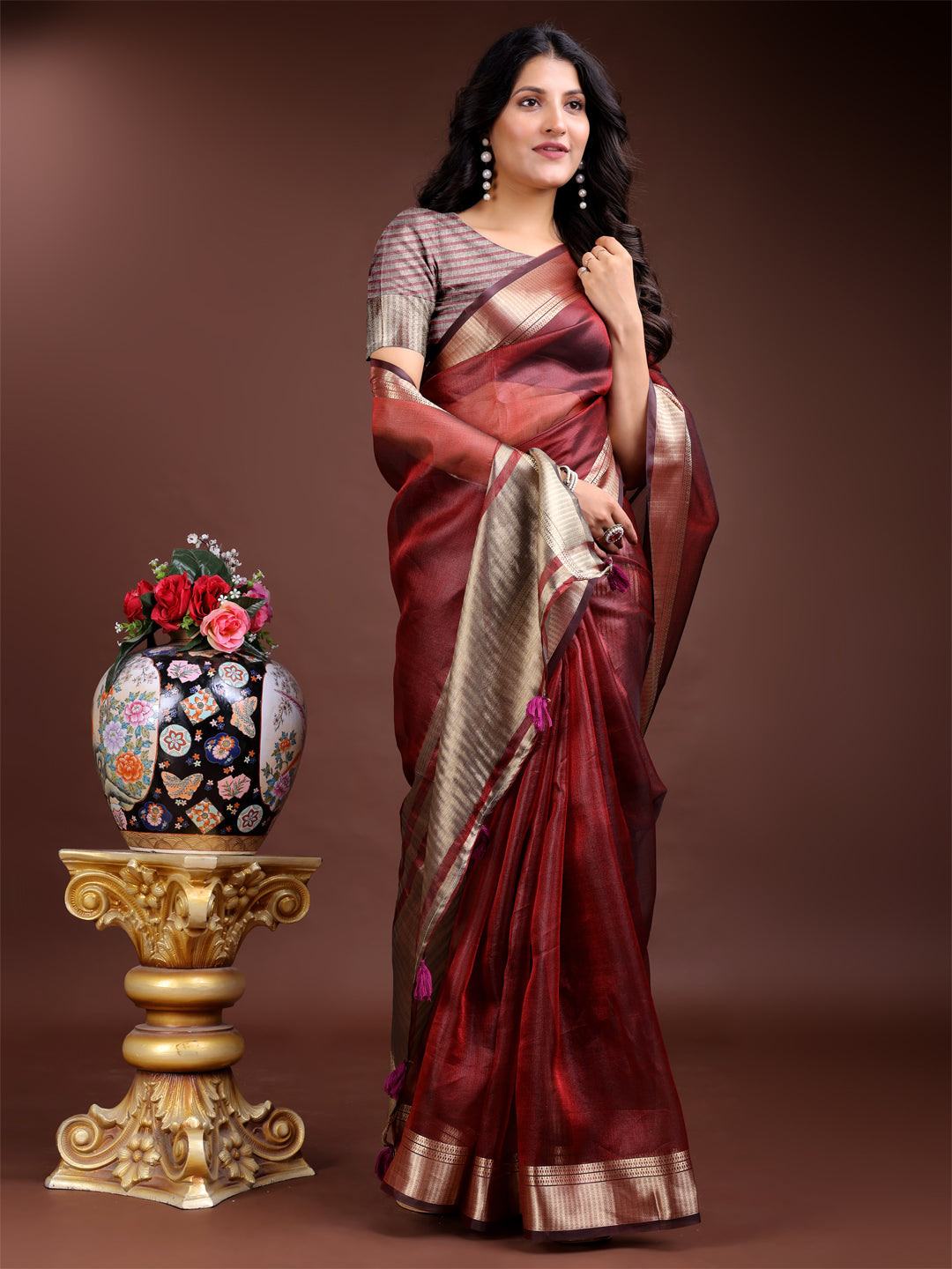 Red Colour Organza Saree Weaving Work With Blouse Piece