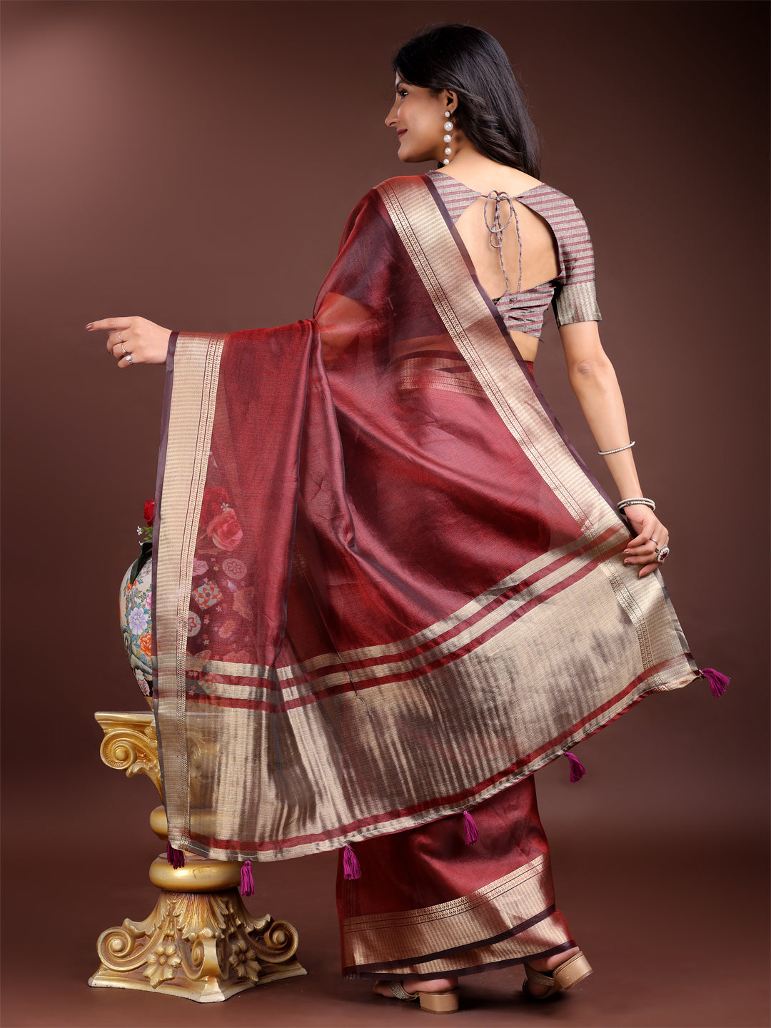 Red Colour Organza Saree Weaving Work With Blouse Piece
