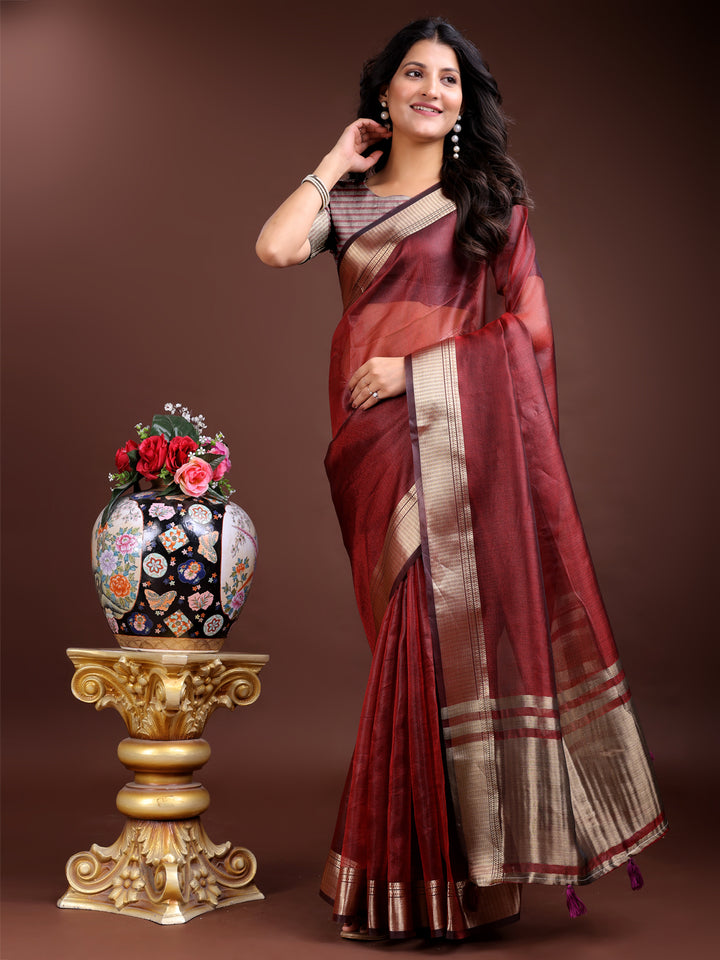 Red Colour Organza Saree Weaving Work With Blouse Piece