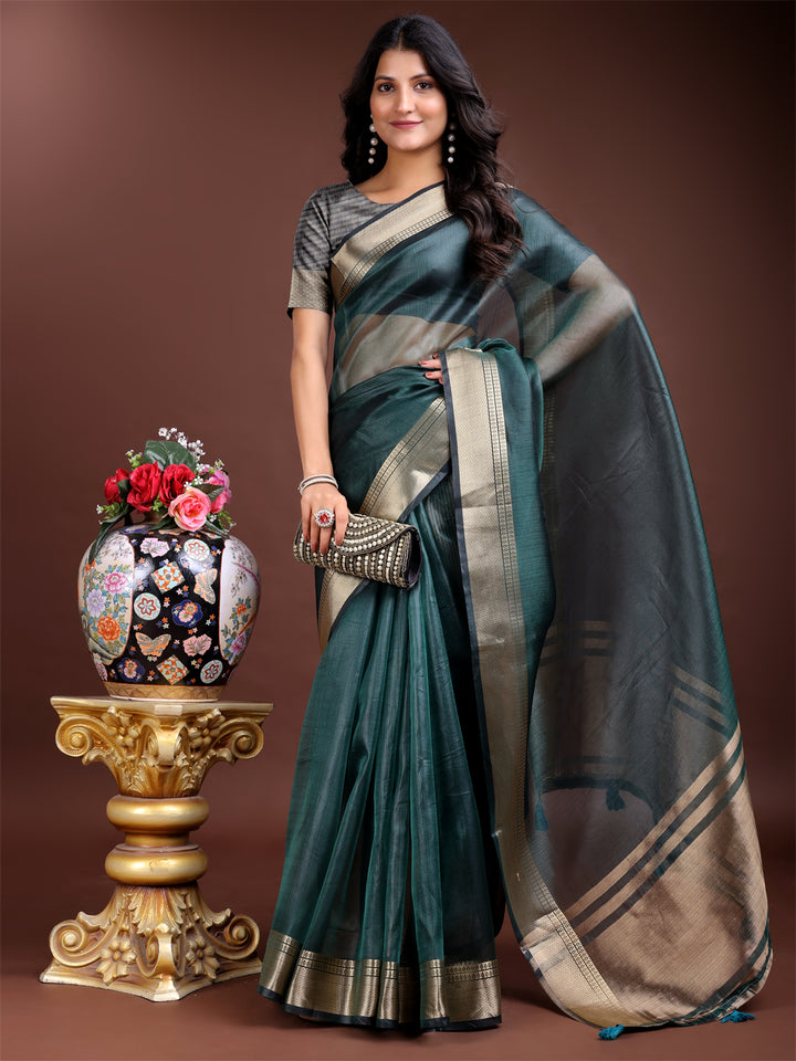 Sea Green Colour Organza Saree Weaving Work With Blouse Piece