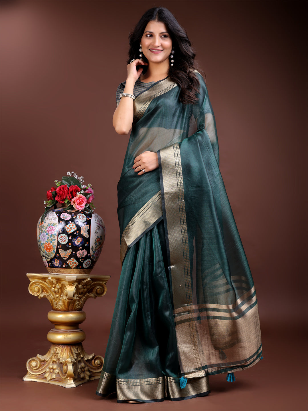 Sea Green Colour Organza Saree Weaving Work With Blouse Piece