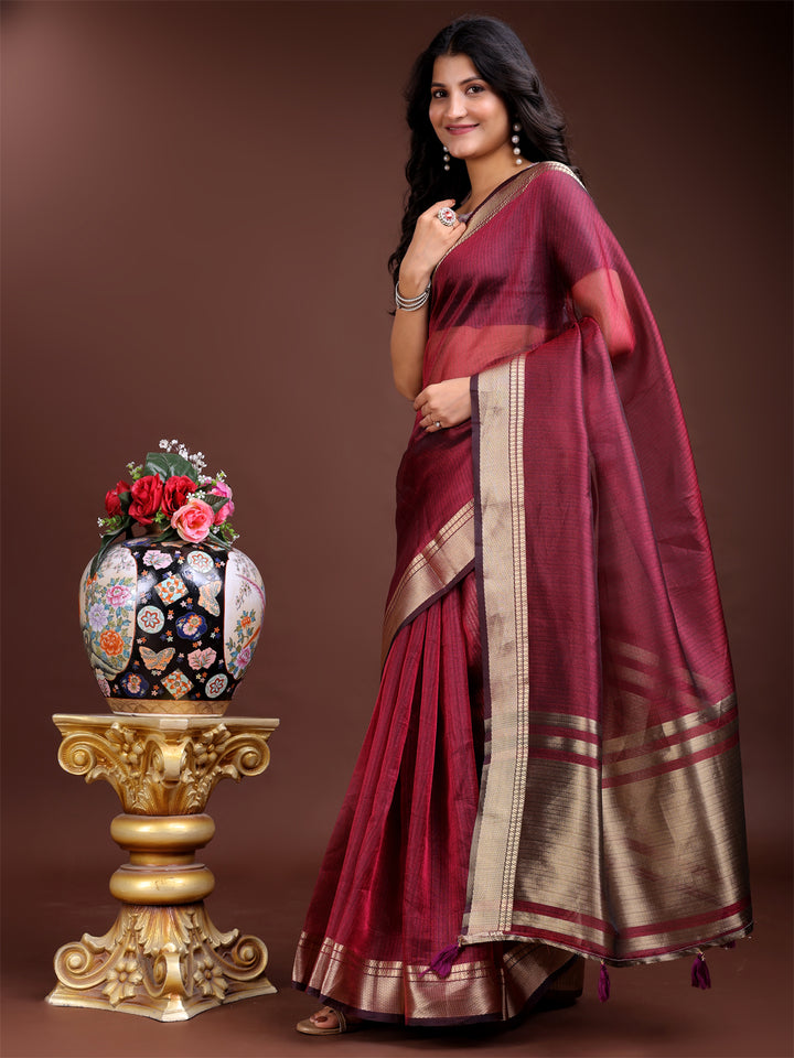 Magenta Colour Organza Saree Weaving Work With Blouse Piece