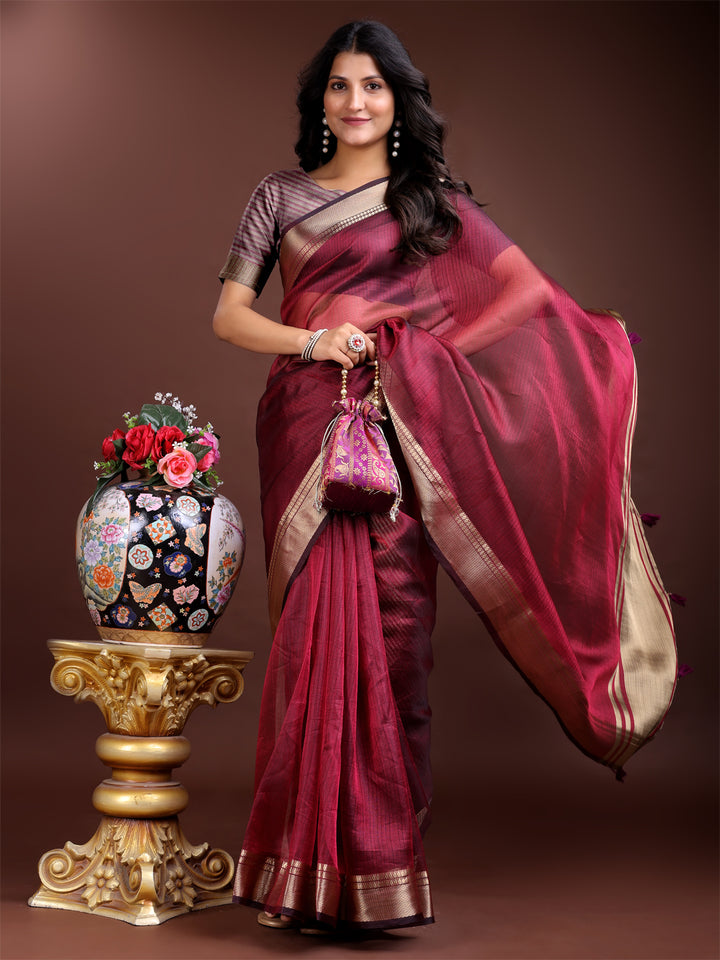 Magenta Colour Organza Saree Weaving Work With Blouse Piece