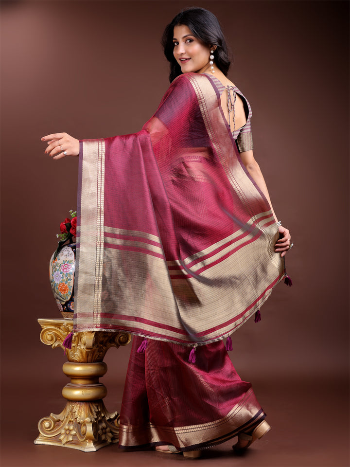 Magenta Colour Organza Saree Weaving Work With Blouse Piece