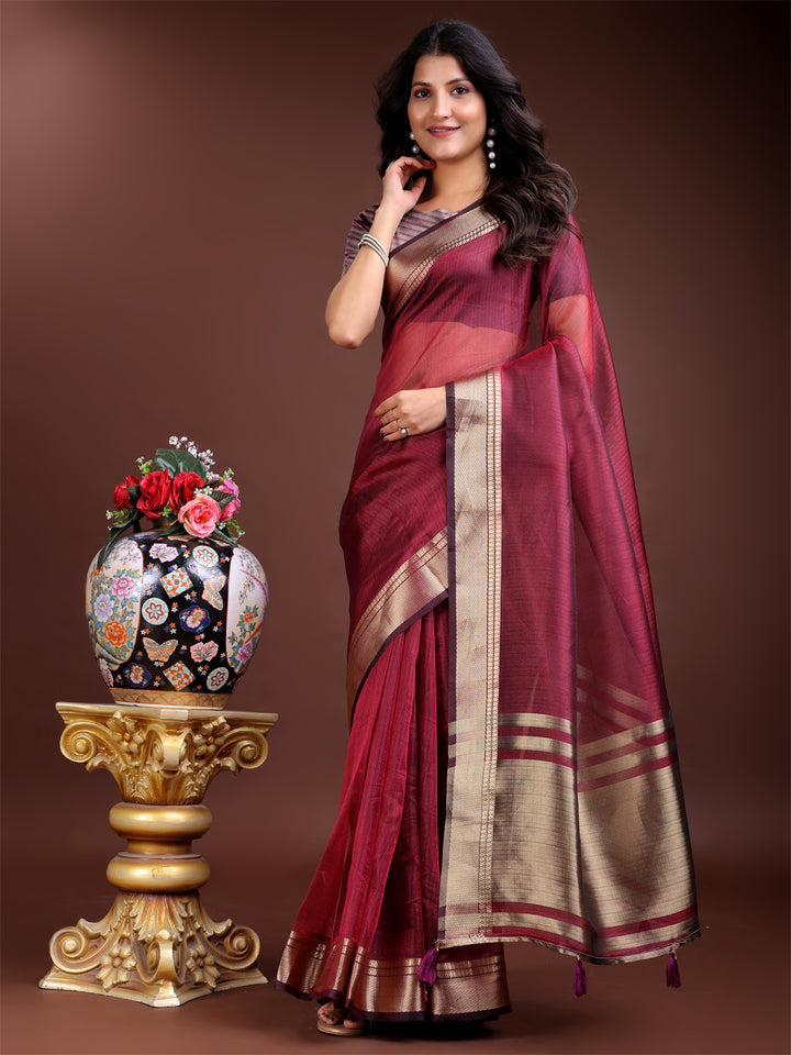Magenta Colour Organza Saree Weaving Work With Blouse Piece
