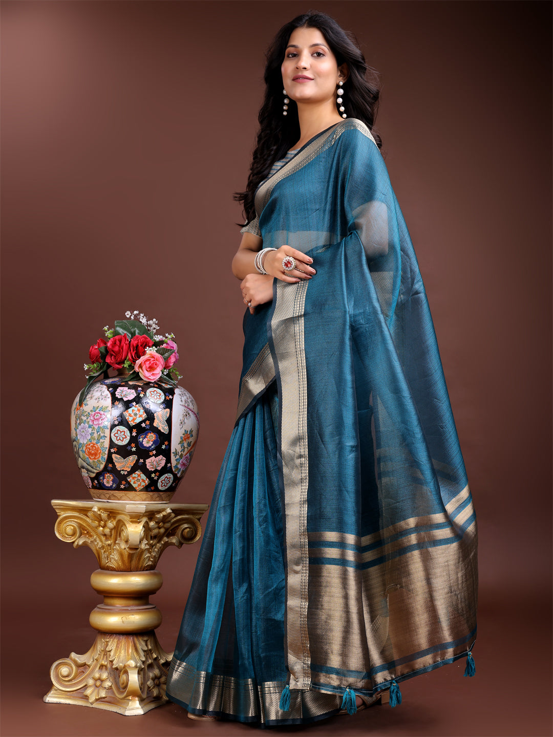 Teal Blue Colour Organza Saree Weaving Work With Blouse Piece