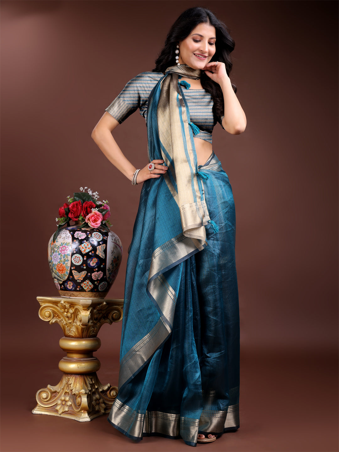 Teal Blue Colour Organza Saree Weaving Work With Blouse Piece
