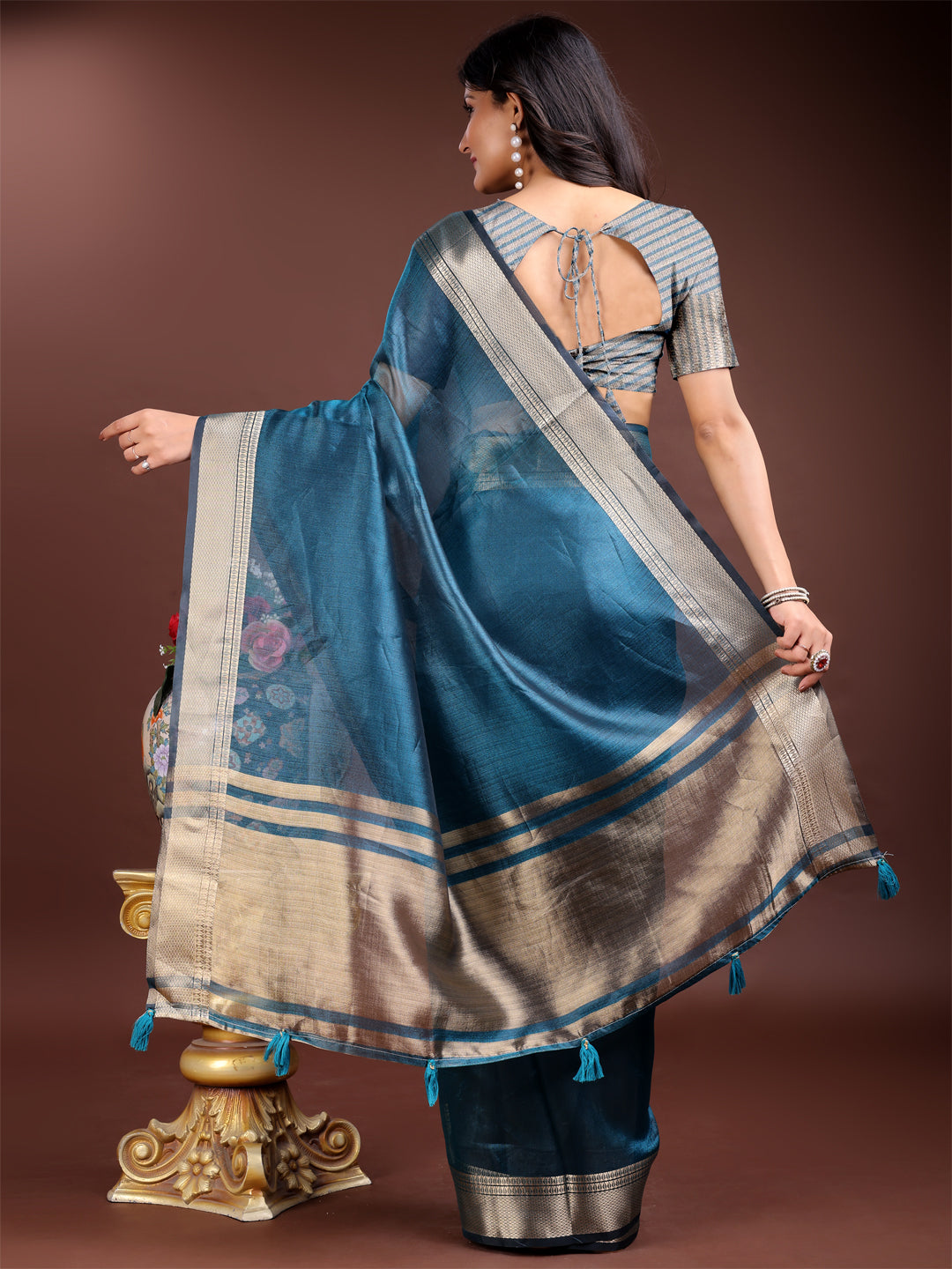 Teal Blue Colour Organza Saree Weaving Work With Blouse Piece