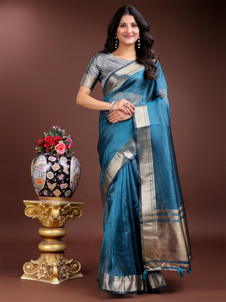 Teal Blue Colour Organza Saree Weaving Work With Blouse Piece