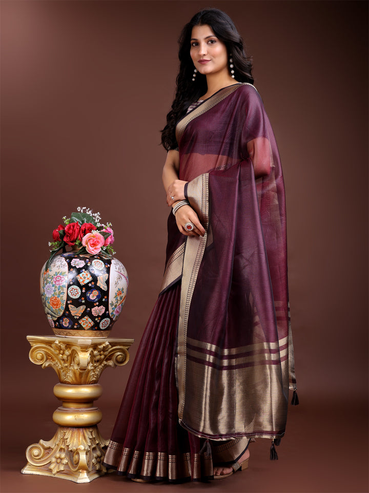 Purple Colour Organza Saree Weaving Work With Blouse Piece