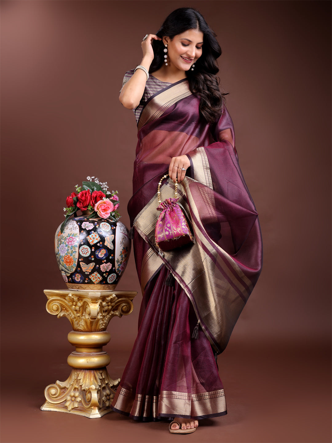 Purple Colour Organza Saree Weaving Work With Blouse Piece