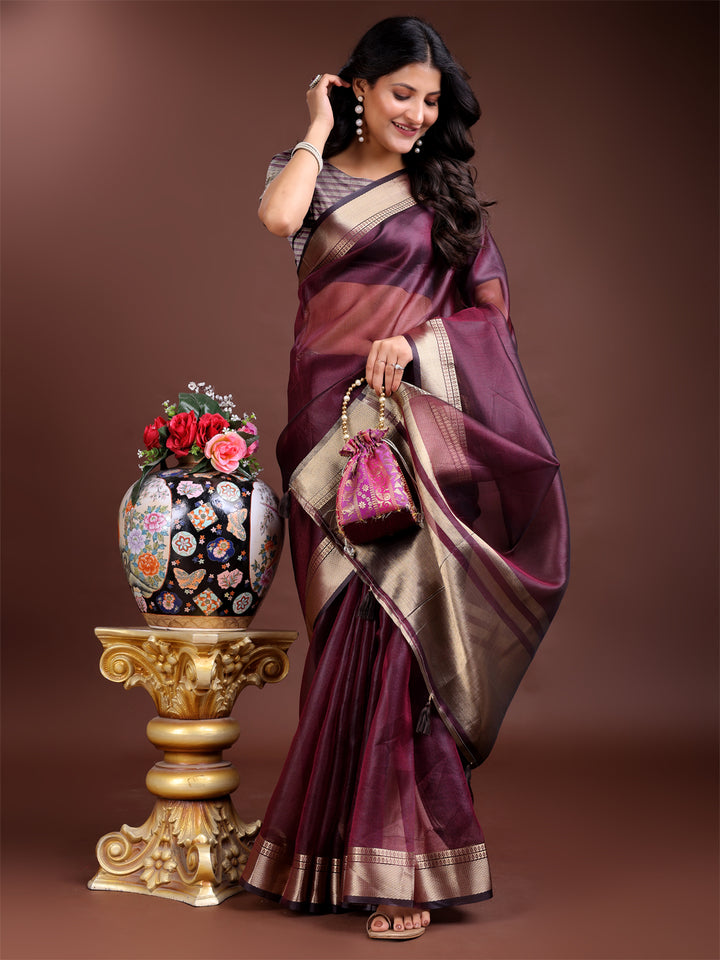 Purple Colour Organza Saree Weaving Work With Blouse Piece