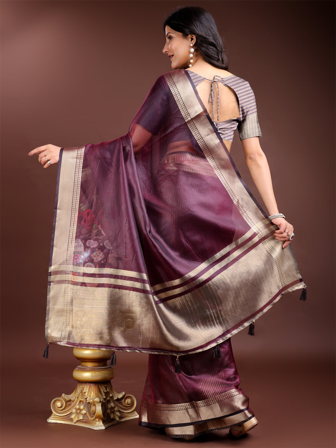 Purple Colour Organza Saree Weaving Work With Blouse Piece