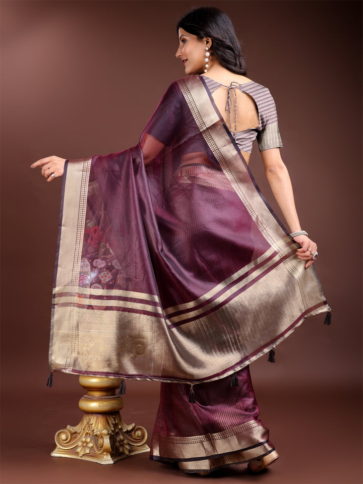 Purple Colour Organza Saree Weaving Work With Blouse Piece