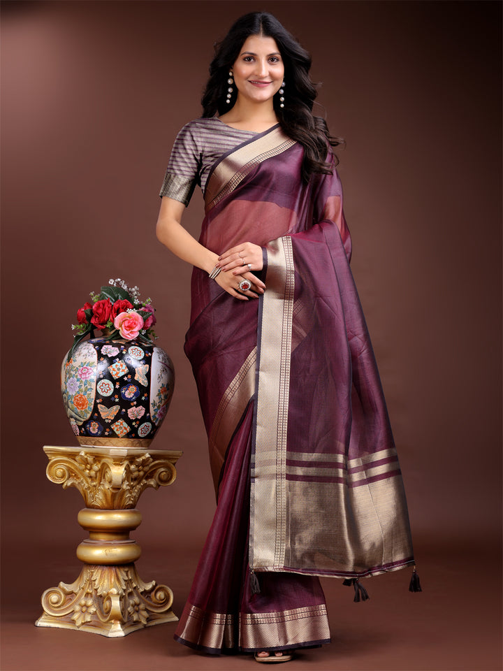 Purple Colour Organza Saree Weaving Work With Blouse Piece