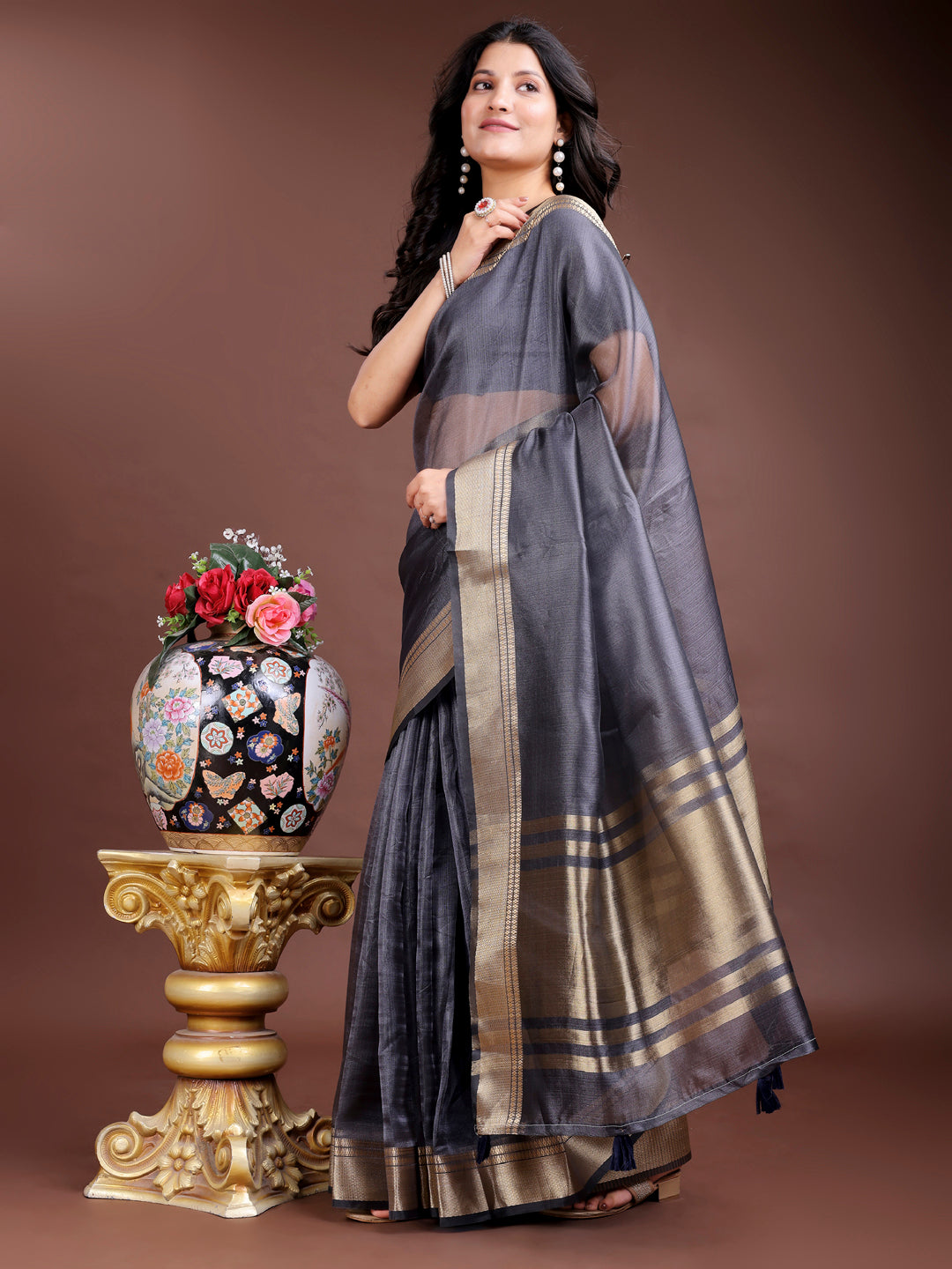 Gray Colour Organza Saree Weaving Work With Blouse Piece