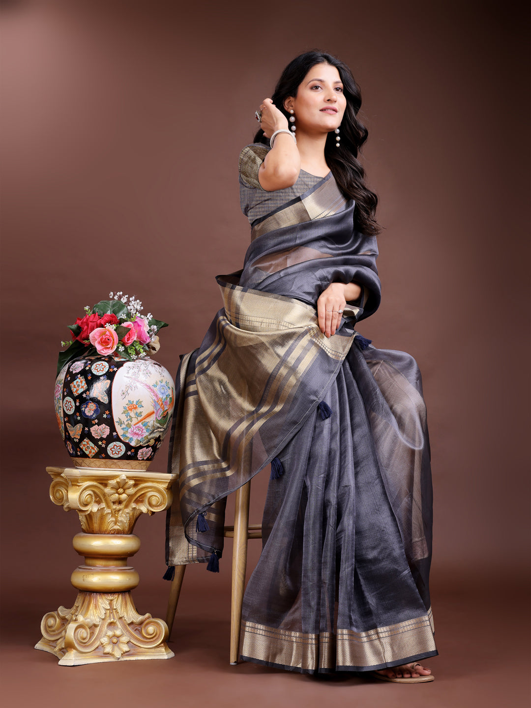 Gray Colour Organza Saree Weaving Work With Blouse Piece