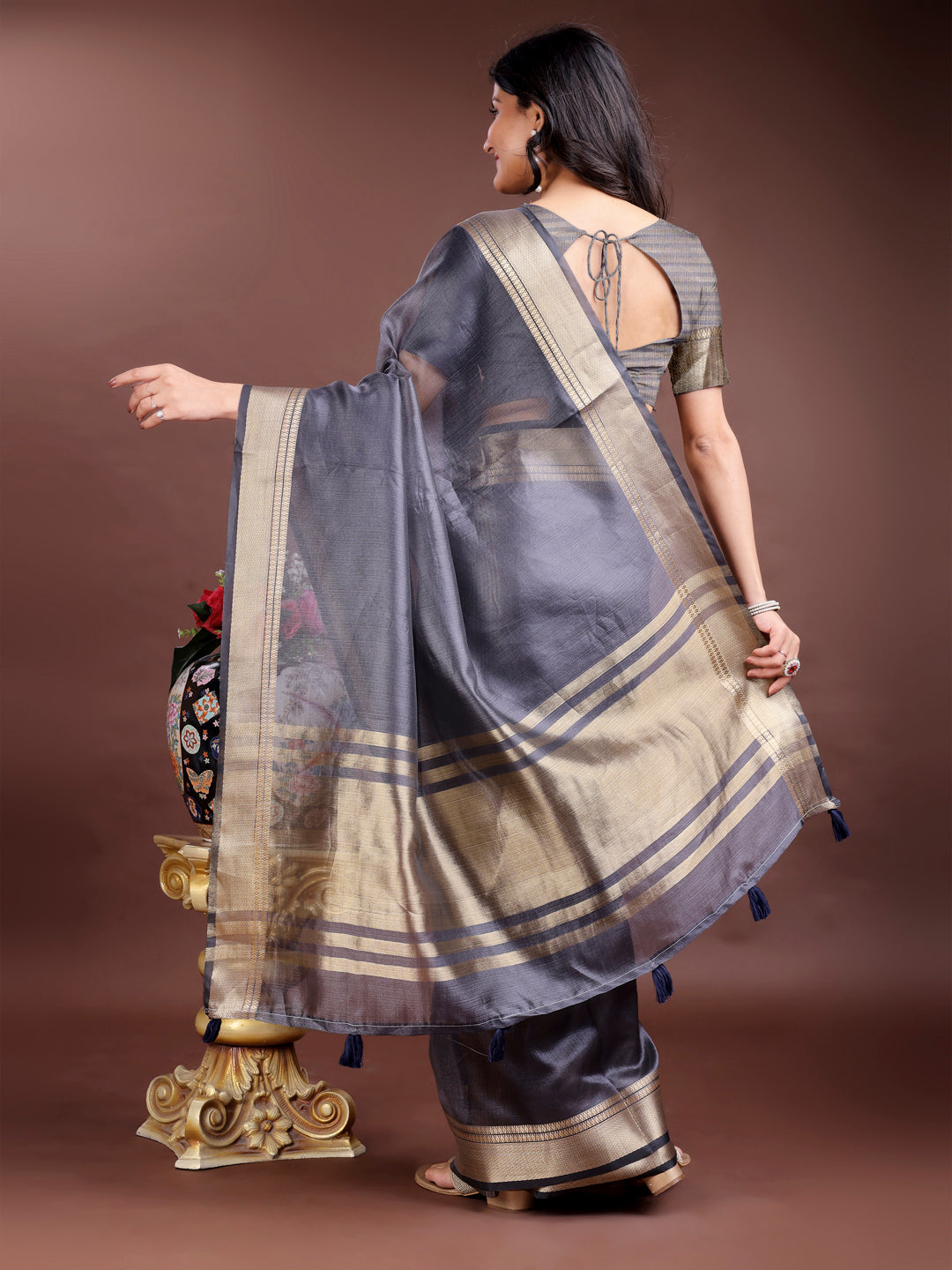 Gray Colour Organza Saree Weaving Work With Blouse Piece