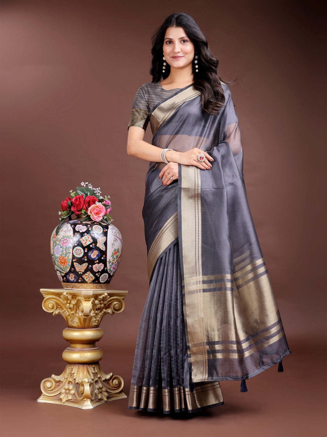 Gray Colour Organza Saree Weaving Work With Blouse Piece
