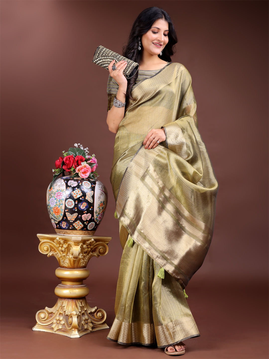 Mhendi Green Colour Organza Saree Weaving Work With Blouse Piece