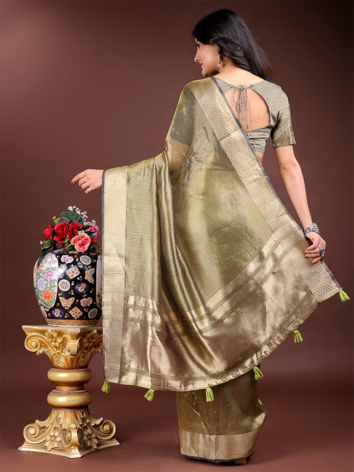 Mhendi Green Colour Organza Saree Weaving Work With Blouse Piece