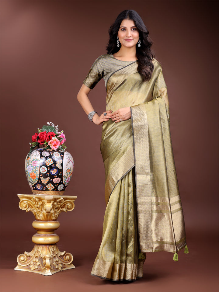 Mhendi Green Colour Organza Saree Weaving Work With Blouse Piece