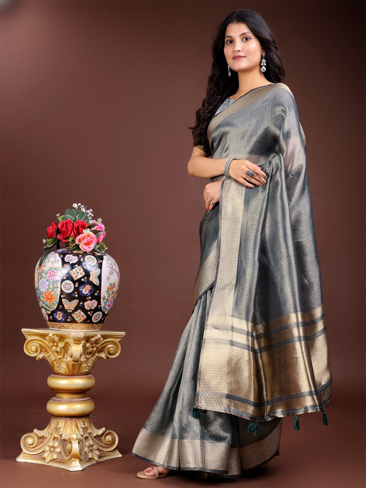Silver Colour Organza Saree Weaving Work With Blouse Piece