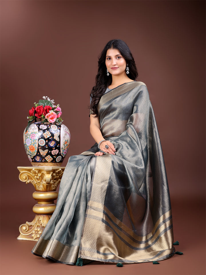 Silver Colour Organza Saree Weaving Work With Blouse Piece
