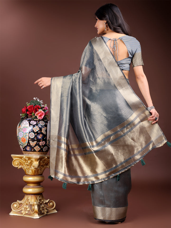 Silver Colour Organza Saree Weaving Work With Blouse Piece